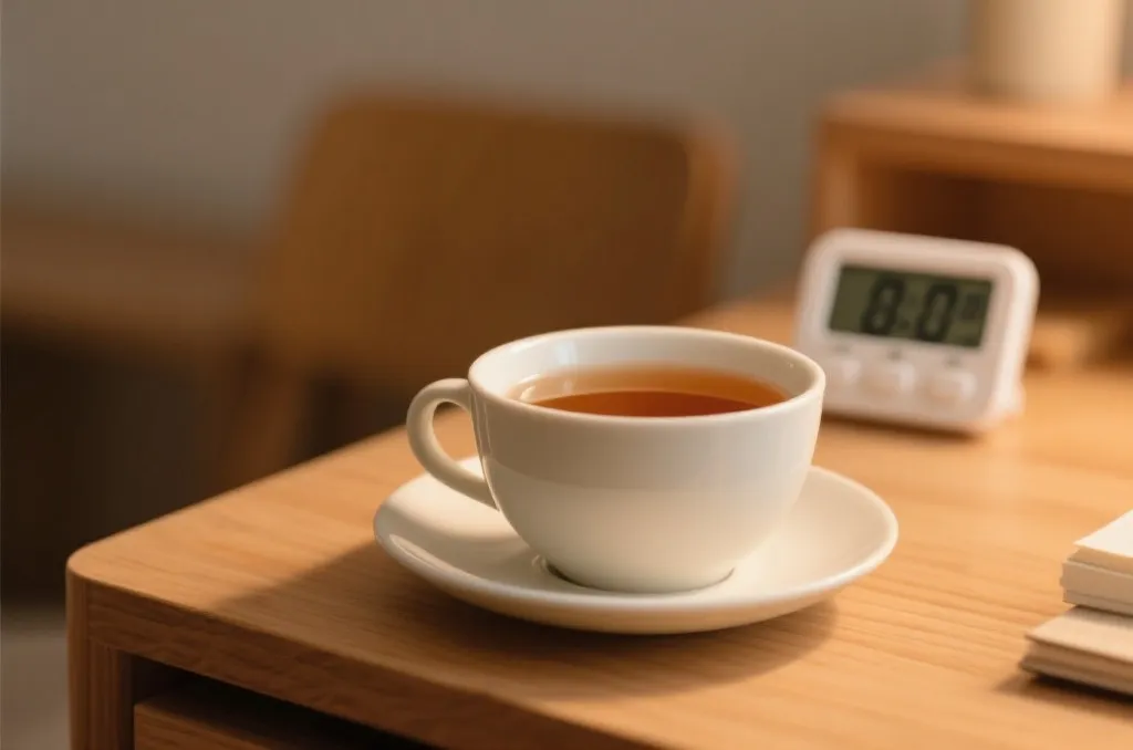 桌面上放着一杯热茶和计时器，象征着休息与冷却