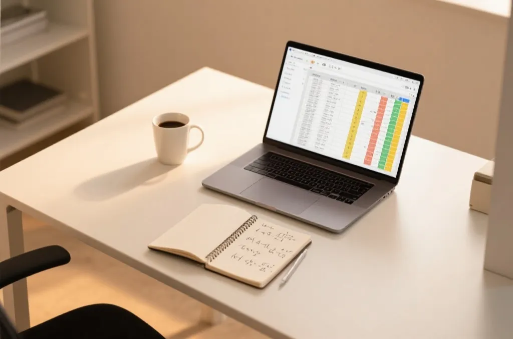 A clean modern office desk with a laptop displaying data tables and mathematical formulas in a notebook